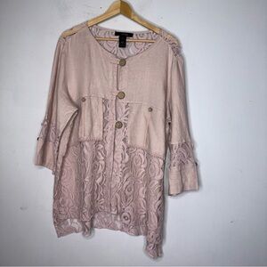 Ali Miles Blush Linen Blouse Jacket Lace Details Boho Lagenlook Romantic XL